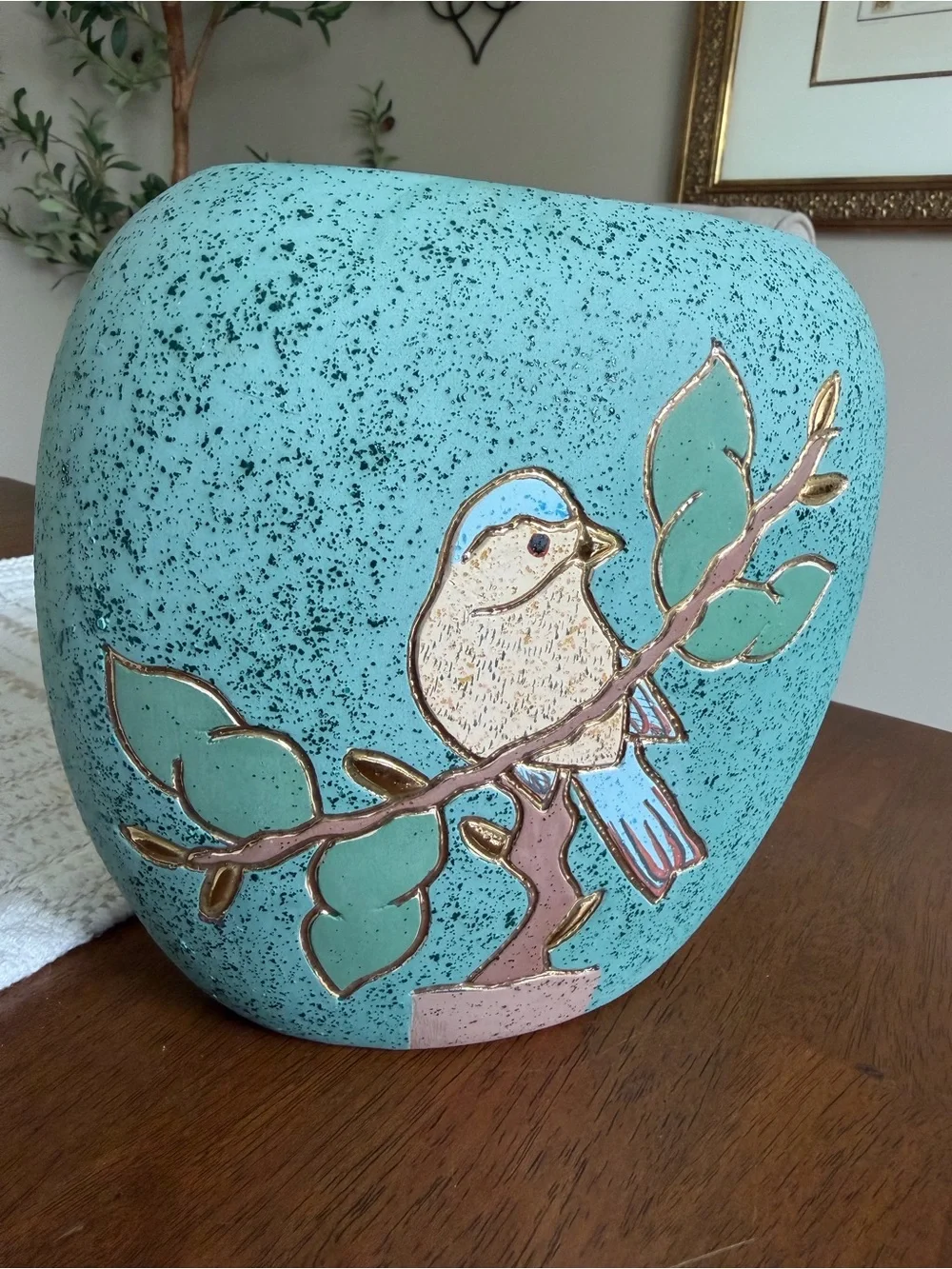 Vintage Ceramica Gardiel Mexico 24K Gold Bird Pottery Planter / Vase.